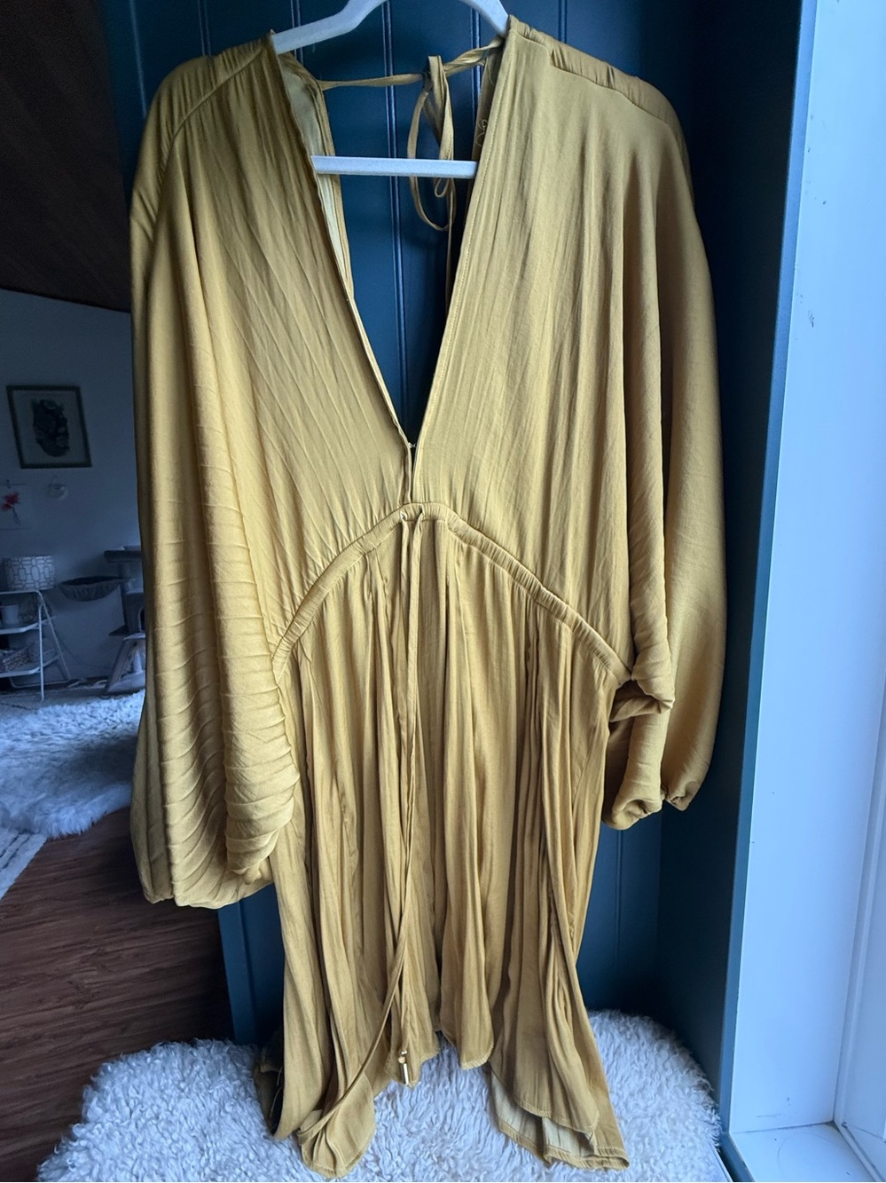 Size 12 | Green-gold deep V-neck mini dress | Free People
